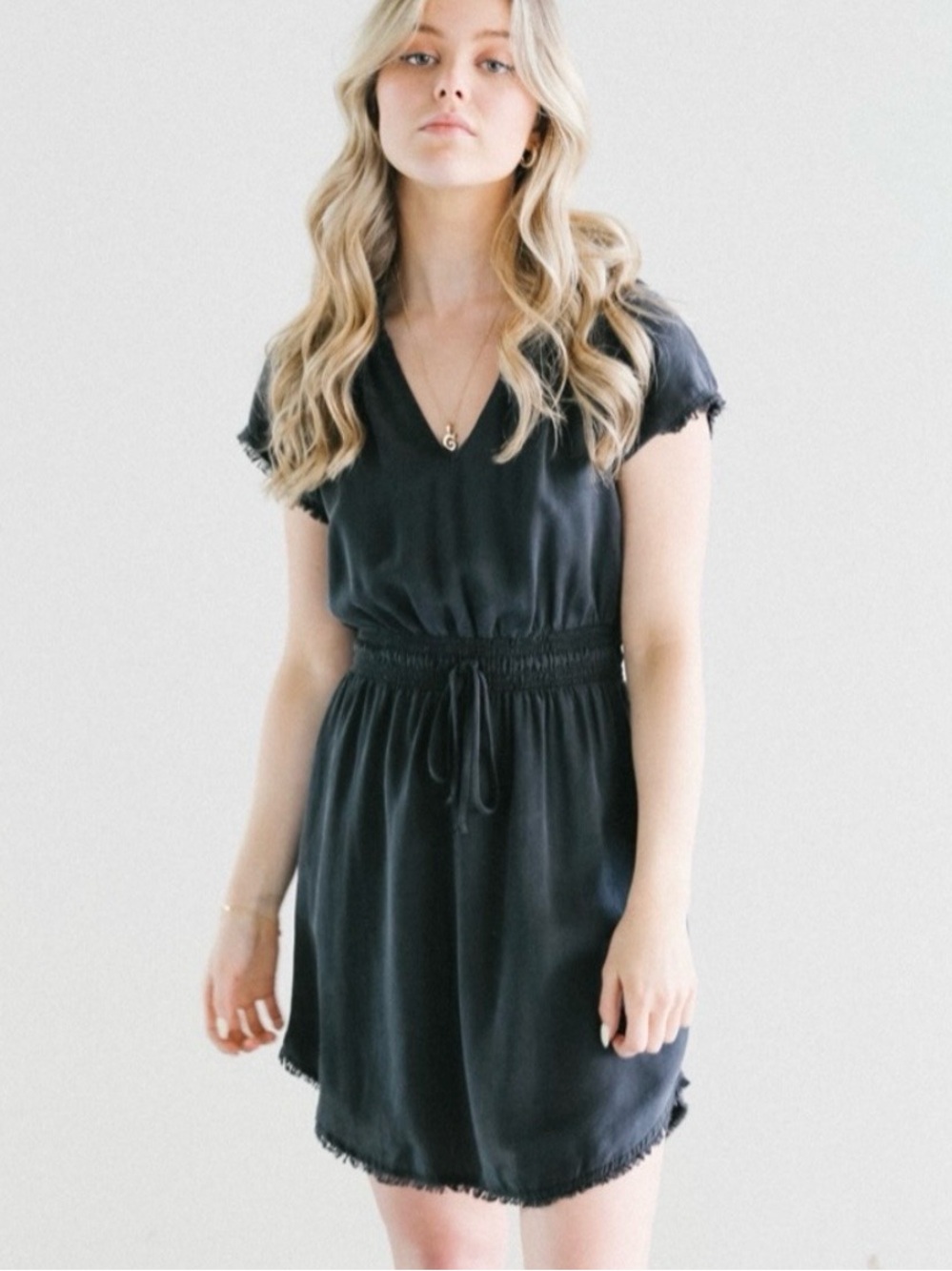 NWT Bella Dahl Soraida Frayed Smocked Waist Black Mini Dress
